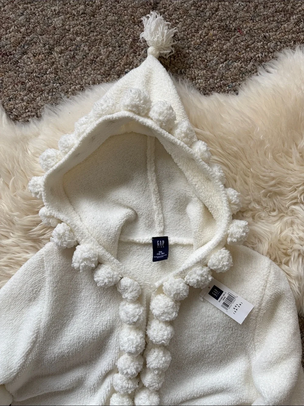 GAP Girl’s XXL Cream Bouclé Hooded Jacket with Pom Trim
